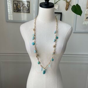 Chicos Gold Tone Chain Turquoise Bead Strand Fashion Necklace 42”